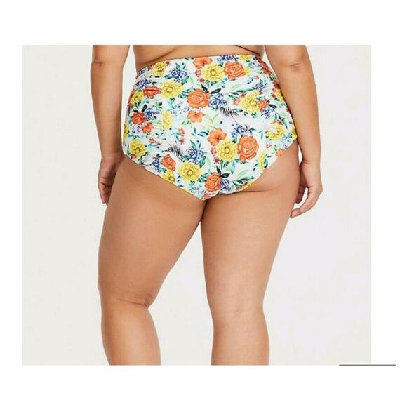 TORRID HIGH WAIST SWIMSUIT BOTTOM WHITE FLORAL RUCHED SWIM SZ 1 1X BIKINI - Picture 2 of 6